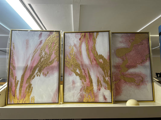 Large Pink Abstract Canvas Wall Art for Living Room-Gold Framed Abstract Oil Painting for Bedroom-3 Pieces
